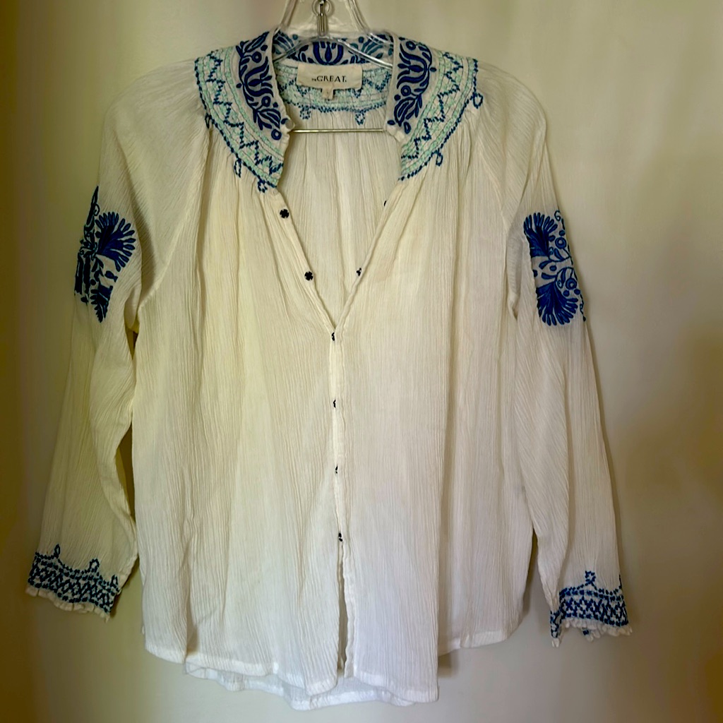 The Great Blue And White Embroidered Peasant Shirt
